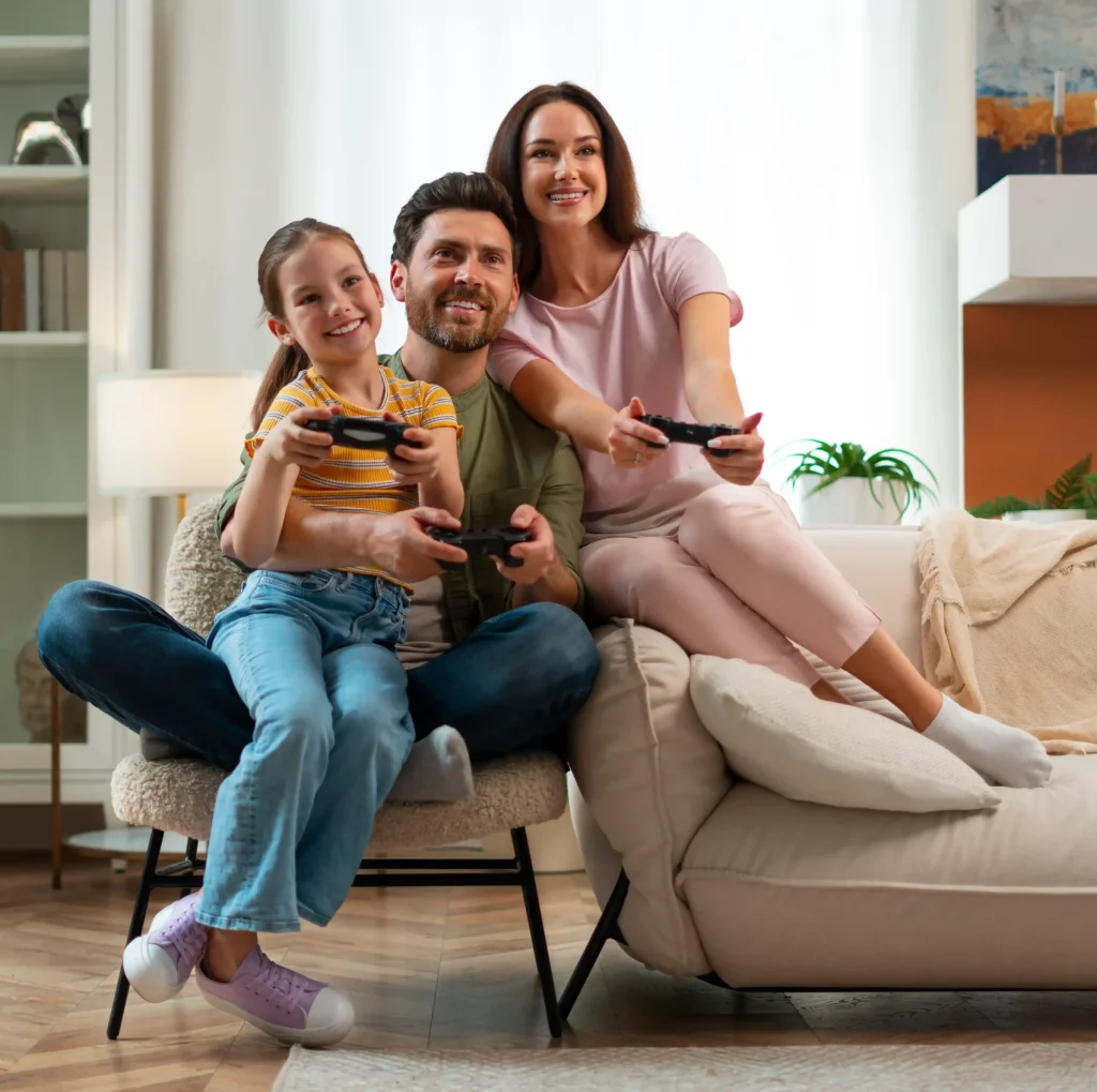 vista frontal familia jugando videojuegos